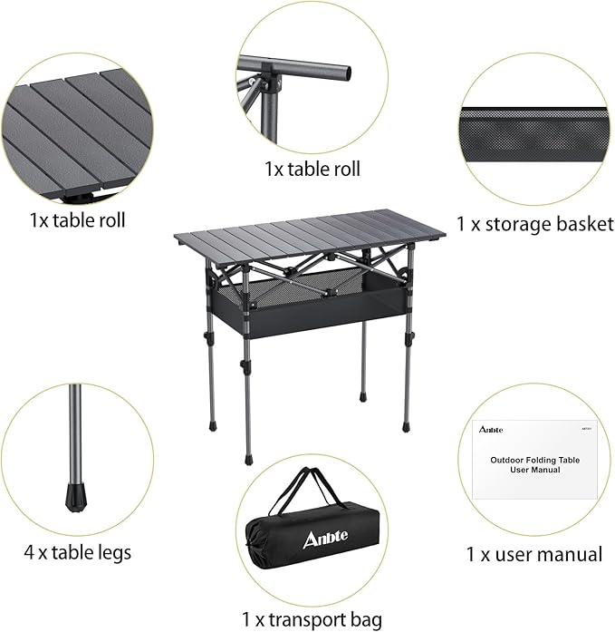 Folding Camping Table, Aluminum Roll Up Camping Table Adjustable Height with Storage Net and Bag, Lightweight Outdoor Table 32.2” X 16”, for Outdoor Travel BBQ Party Picnic, Black