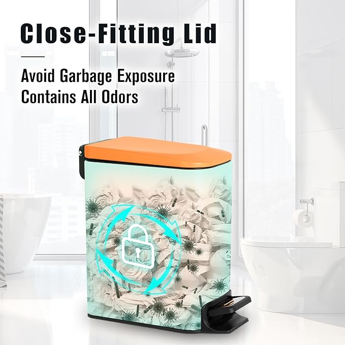 Cesun Small Bathroom Trash Can with Lid Soft Close, Step Pedal, 6 Liter / 1.6 Gallon Stainless Steel Garbage Can with Removable Inner Bucket, Anti-Fingerprint Finish (Matt Orange)