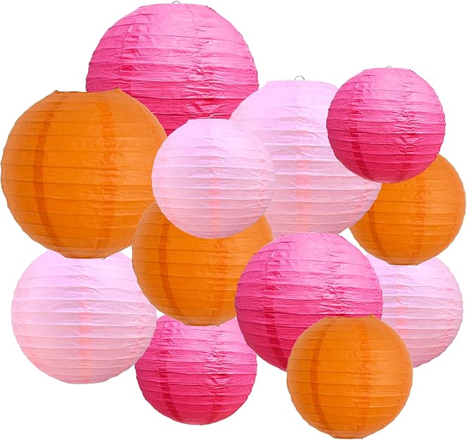BEISHIDA 12Pcs Pink Orange Paper Lanterns Decorative Hanging Round Paper Lanterns Lamp for Birthday, Wedding,Bridal,Home Decor,Outdoor Decoration,Party Decoration