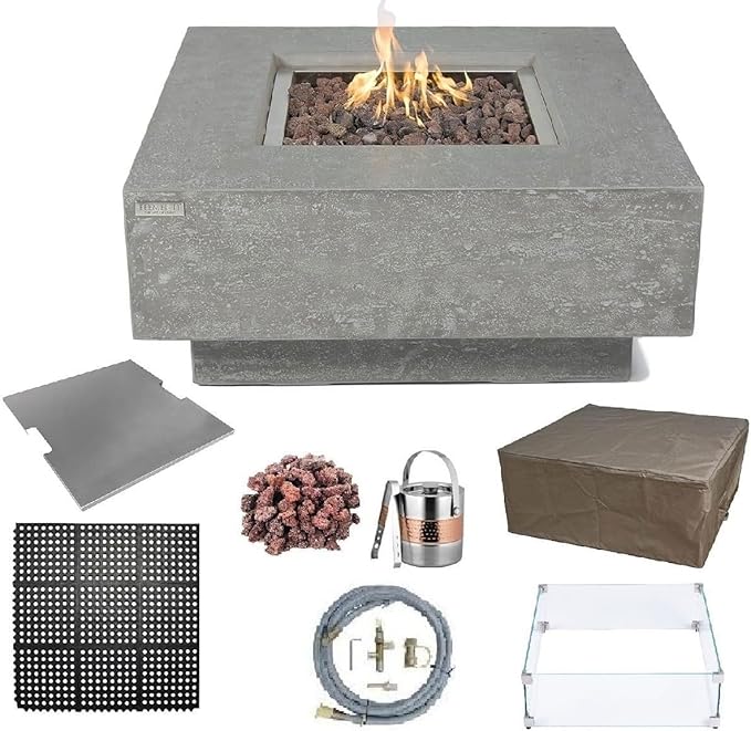Elementi | Bundle Manhattan Gas Fire Pit Cast Concrete 36" Square Fire Table, Outdoor Fire Pit Electronic Ignition | Canvas Cover, Lava Rock Included | Light Gray (Natural Gas)