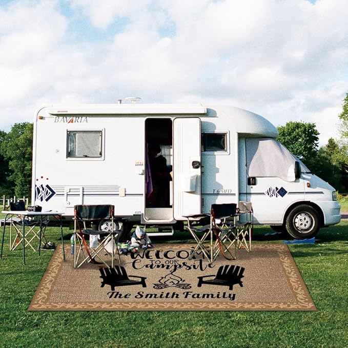 Custom Camping Rugs Welcome to Our Campsite RV Trailer Decor Camper Floor Mat for Outdoors, Patio, Backyard, Picnic, Beach, Camping, 66 x 99 Inch, 20 RV Optional