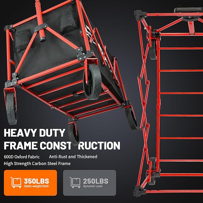 EchoSmile Heavy Duty 350 Lbs Capacity Collapsible Wagon, Outdoor Folding Camping Wagons, Grocery Portable Utility Cart, Adjustable Rolling Carts, All Terrain Sports Wagon with Big Wheels (Black-Red)