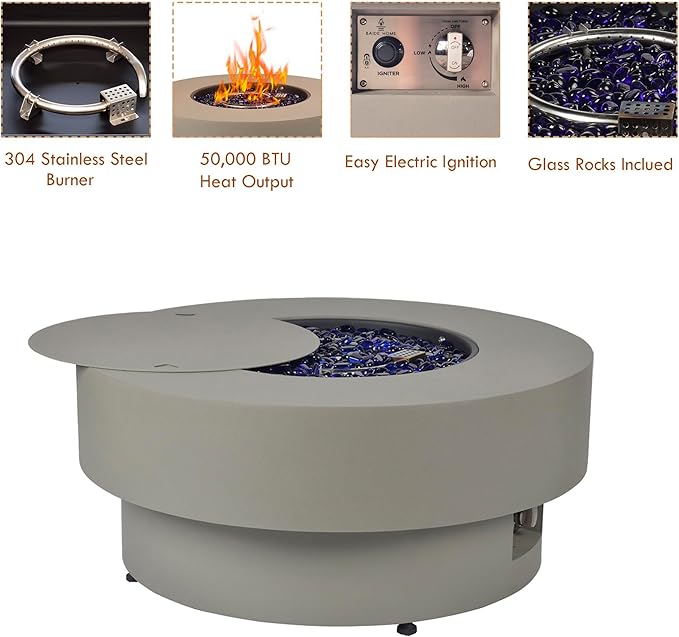 32.5-inch Outdoor Gas Fire Pit with 20lb Propane Tank Cover Table, 50,000BTU Propane Gas Fire Pits for Outside Patio w/Round Burner Lid, Glass Rocks, Pre-Attached 10ft External Gas Hose