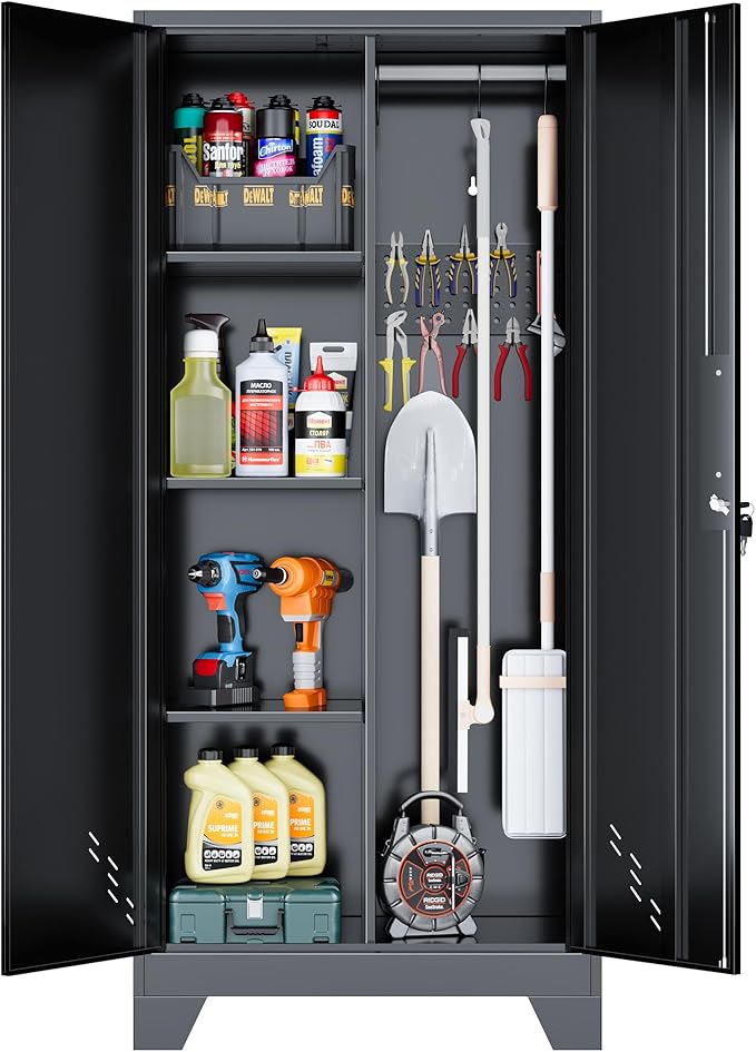 61" H Broom Closet Cabinet, Metal Storage Cabinet with Lockable Doors and Pegboard, Utility Closet for Brooms and Mops, Tool Cabinets for Home Office, Laundry Room, Garage, Workshop