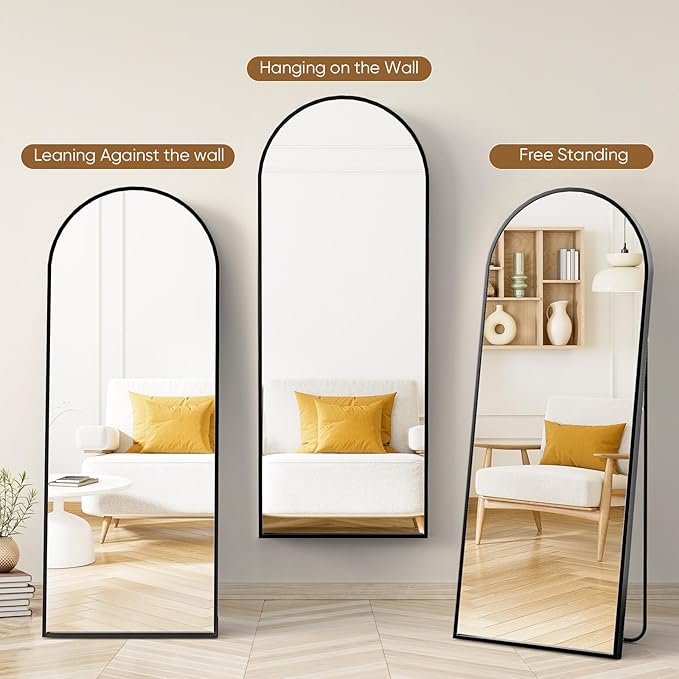 Arched Full Length Mirror, 71 x 26 inch Floor Mirror with Aluminum Alloy Thin Frame, Full Body Mirror for Wall Bedroom Dressing Home Decor, Black