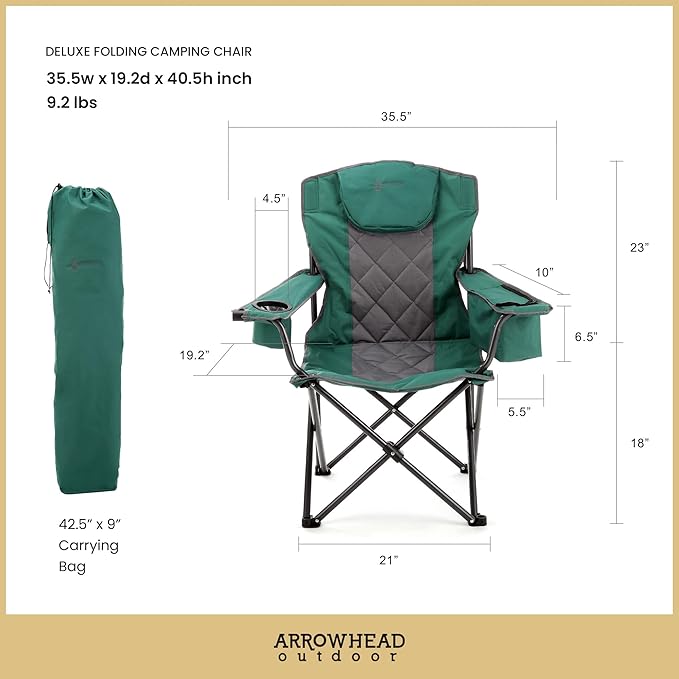 ARROWHEAD OUTDOOR 2-Pack Portable Folding Camping Quad Chair w/ 6-Can Cooler, Cup & Wine Glass Holders, Heavy-Duty Carrying Bag, Padded Armrests, Headrest & Seat, Supports up to 550lbs