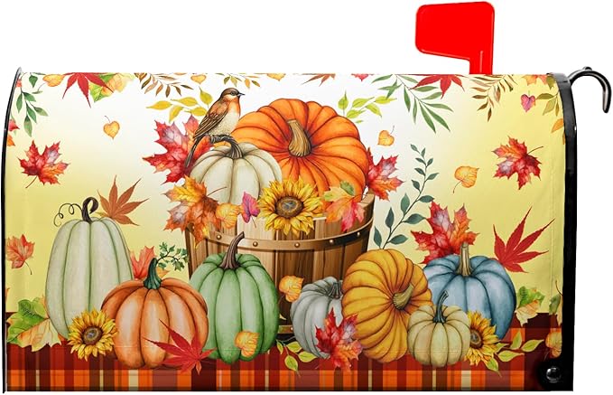 Fall Pumpkins Mailbox Cover Magnetic Large Size 25.5x21inch Autumn Maple Leaves Floral Mailbox Wrap Thanksgiving Watercolor Pumpkin Harvest Post Letter Box Covers for Home Garden Yard Outdoor Decor