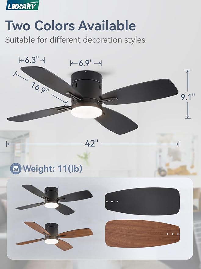 LEDIARY 42 inch Ceiling Fans with Lights and Remote Control,Flush Mount Ceiling Fan with Quiet Reversible DC Motor,Black Modern Low Profile Ceiling Fan with Light for Bedroom Living Room Patio