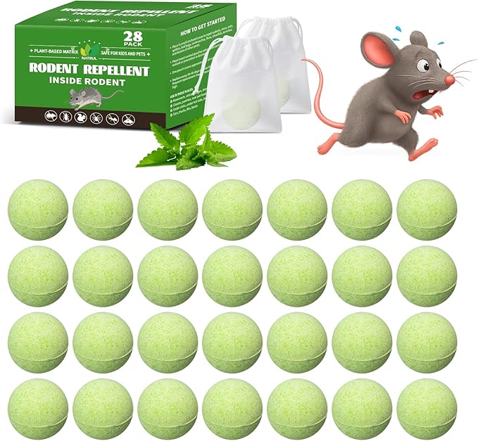 28 Pack Mouse Rodent Repellent & Pest Defense - Fresh Mint Scented Deterrent for Indoor/Outdoor Use - Safe Around Kids & Pets