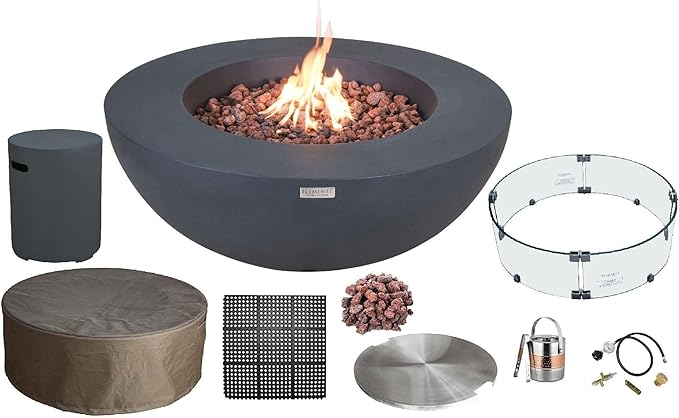 Elementi | Bundle Lunar Gas Fire Pit Cast Concrete 42" Round Fire Table, Outdoor Fire Pit Electronic Ignition | Canvas Cover, Lava Rock Included | Dark Gray (Propane Gas)