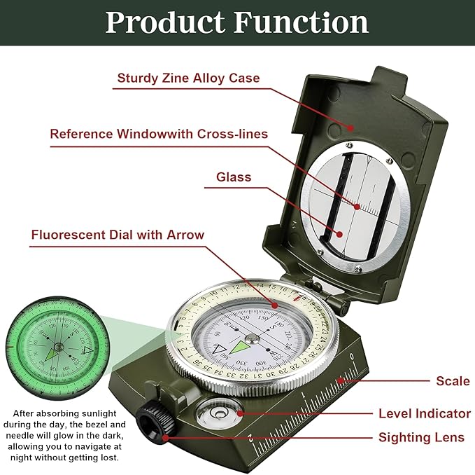 Compasses，Hiking Compass for Survival with ，Compass Survival，Waterproof Durable and Pocket-SizedTactical Survival Compass with Lanyard，Climbing Biking Exploring Geology, Outdoor Activities