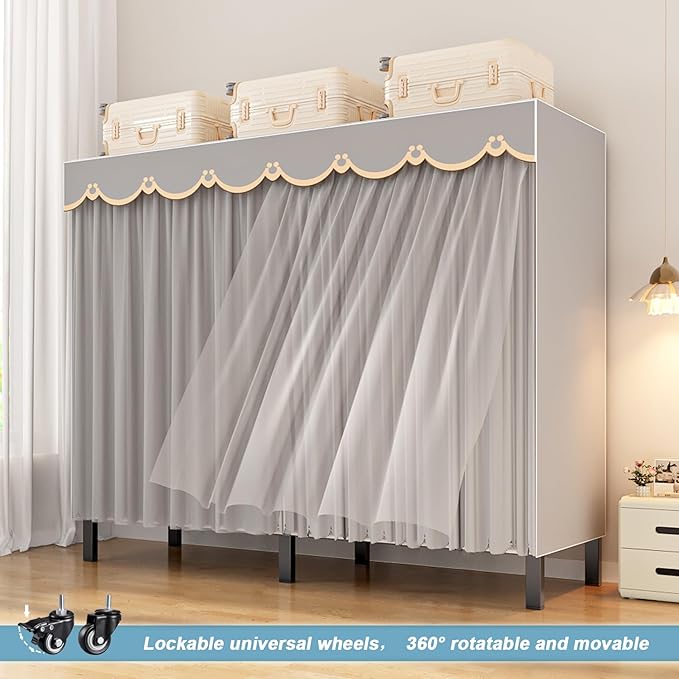 FPIGSHS Heavy Duty Clothes Rack with Cover 2000LBS Foldable Portable Wardrobe Closet for Hanging Clothing Rolling Garment Rack on Wheels for Bedroom Closet System (D(Gauze Curtain Cover, 59in)