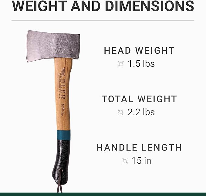 The Yankee, 15", German Forged, All-Purpose Wilderness Camping Hatchet & Kindling Splitting, Anti-Slip Wood Handle (Green Stripe)