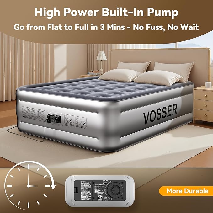 Air Mattress Full with Built in Pump,18’’Blow Up Mattress,Self Inflatable Mattress in 3 Mins,Portable Air Bed for Camping,Floor&Travel,Full Size Air Mattress for Adults 660LB Max,Silver