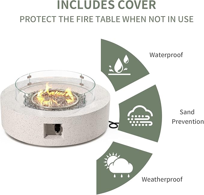COSIEST Outdoor Propane Fire Pit Coffee Table w Terrazzo White 42 inch Round Base Patio Heater, CSA Certified, 50,000 BTU Stainless Steel Burner, Wind Guard, Transparent Gray Fire Glass, Rain Cover
