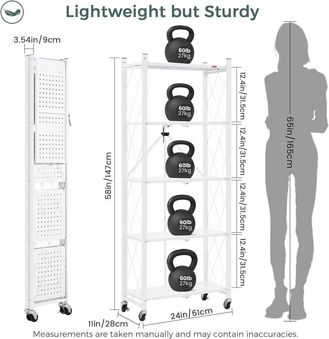DEANIC 5-Shelf Folding Bookcase with Wheels, Rolling Bookshelf Heavy Duty Storage Shelves, Freestanding Metal Wire Shelving Unit for Living Room, Office, Kitchen, Basement, Pantry (White)