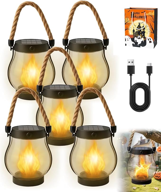 Solar Lantern Outdoor lamp - Waterproof Type Solar Flame lamp Can be Hung and Features Dancing Flames. Hemp Rope Suspended Flame Lantern, Dual Charging Mode, Smoke-Free (5PC)