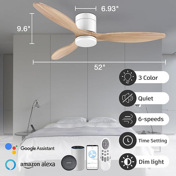 52" Smart Wood Ceiling Fans with Light and Remote,Low Profile Outdoor Indoor Ceiling Fan with Dimmable Light and Quiet DC Motor,Control with Alexa Google Voice App,for Modern Flush Mount Bedroom Patio