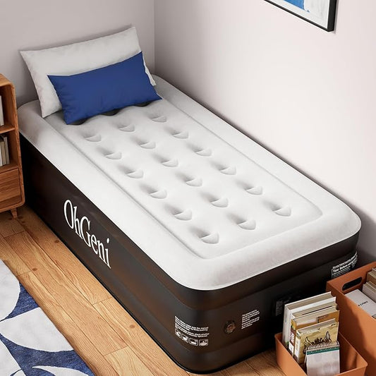 OhGeni Twin Air Mattress with Built in Pump for Guest, 18in Tall Colchon Inflables Blow Up Air Bed with Carrying Bag for Camping, Raised Elevated Double Airbed, Foldable & Portable Air Mattress, Black