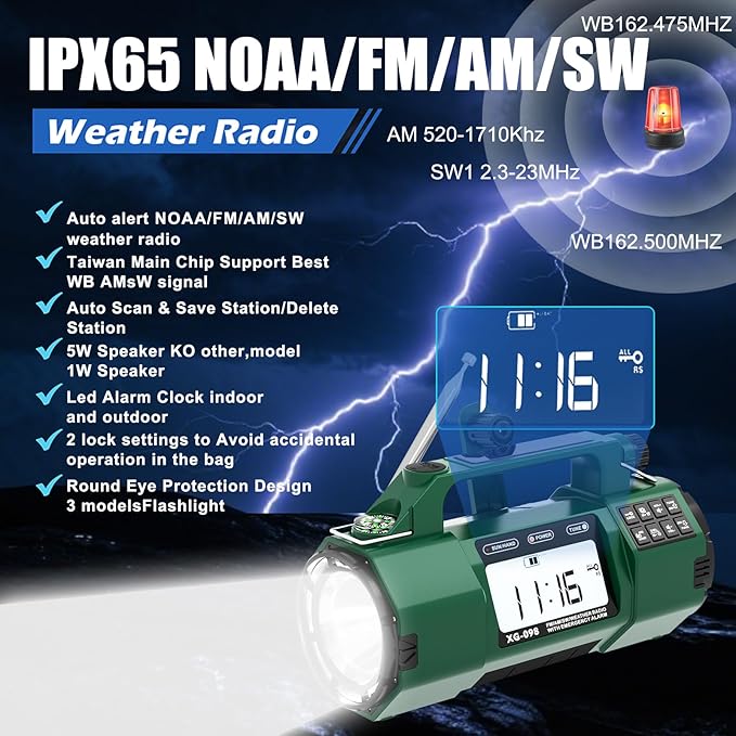 Emergency Alert NOAA Weather Radio with Hand Crank & Solar Power, AM/FM/SW Portable Radio, Replaceable Battery, Flashlight, Phone Charger, SOS Alarm for Hurricane, Power Outage, Camping Gifts