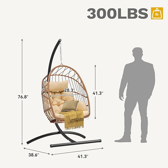 DWVO Egg Chair with Stand, Hanging Outdoor Rattan Wicker Patio Hammock Indoor Egg Chair with Cushion, Hanging Swing Chair 300lbs for Porch, Garden, Bedroom, Balcony, Beige