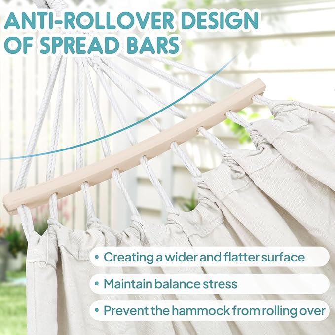 Anyoo Garden Cotton Hammock Comfortable Fabric Hammock with Spreader Bar Sturdy Hammocks Up to 450lbs Portable Lightweight Hammocks with Travel Bag for Camping Outdoor/Indoor Patio Backyard