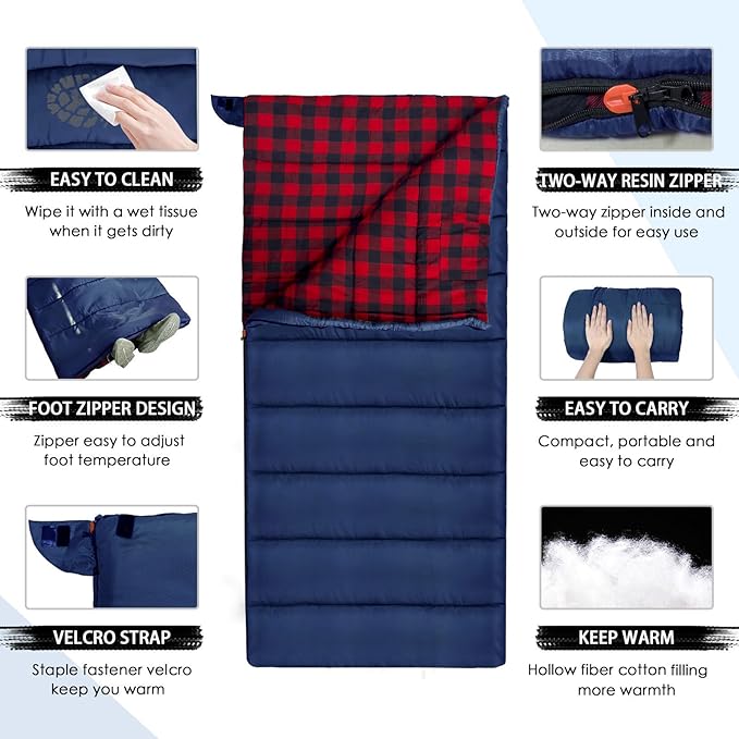 0 Degree Sleeping Bag Cotton Flannel Winter Cold Weather for Adults XXL Sleeping Bag 4 Season Big and Tall with Pillow Compression Sack