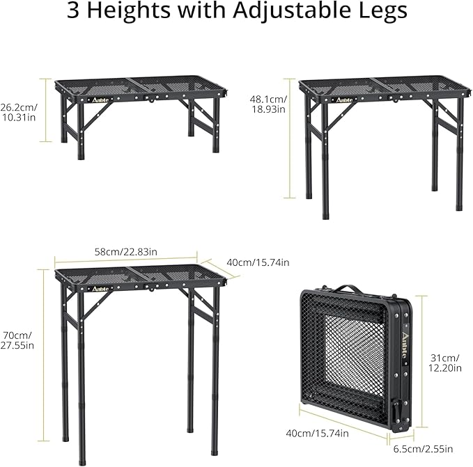 Folding Grill Table, Aluminum Camping Table Adjustable Height Max 27.5" Picnic Table Outdoor Table, Lightweight, Portable Handle for Travel Cooking BBQ Picnic, 22.8" x 16", Black