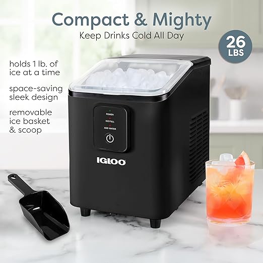Igloo Self-Cleaning Countertop Ice Maker - Compact and Portable - Creates 26 lbs. Per Day, 8 Pieces Ready Every 7-8 Minutes - Includes Ice Scoop and Basket - Black
