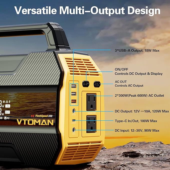 VTOMAN FlashSpeed 300 Portable Power Station with 200W Solar Panel, 300W/230Wh LiFePO4 Battery Solar Generator, PD 100W Type-C, 3000 Cycles, 6 Outlets for Camping, Home Backup, Off-grid