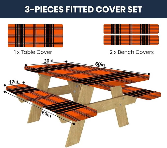 CAPSCEOLL Elastic Picnic Table Cover with Bench Covers 5Ft Waterproof Fitted Picnic Table Cover Cloths for Outdoors Camping Tablecloth with Drawstring Bag, 60X30in, Orange Plaid