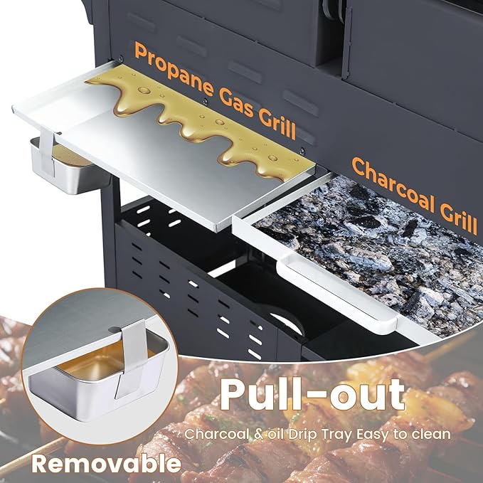 3-Burner Propane Gas BBQ Charcoal Grill Combo with Side Burner, 37230BTU Stainless Steel Barbecue Grill With Enameled Cast Iron Cooking Grids For Outdoor Camping