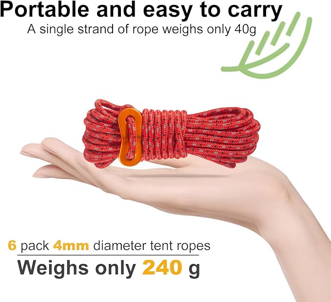 16.4ft 6 Pack 4mm Guy Lines Ultralight Tent Cords with Aluminum Adjuster Tensioner Outdoor Camping Guylines Ropes for Tent Tarp,Climbing,Hiking Backpacking (Red)