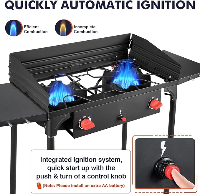 Llamaviva 2 Burner Gas Stove Propane Outdoor Stove with Wind panel,Side Shelves,Auto Ignition Button,Removable Legs &Regulator Hose&Carrying Bag 150000 BTU Propane Burners for Outdoor BBQ -gloves