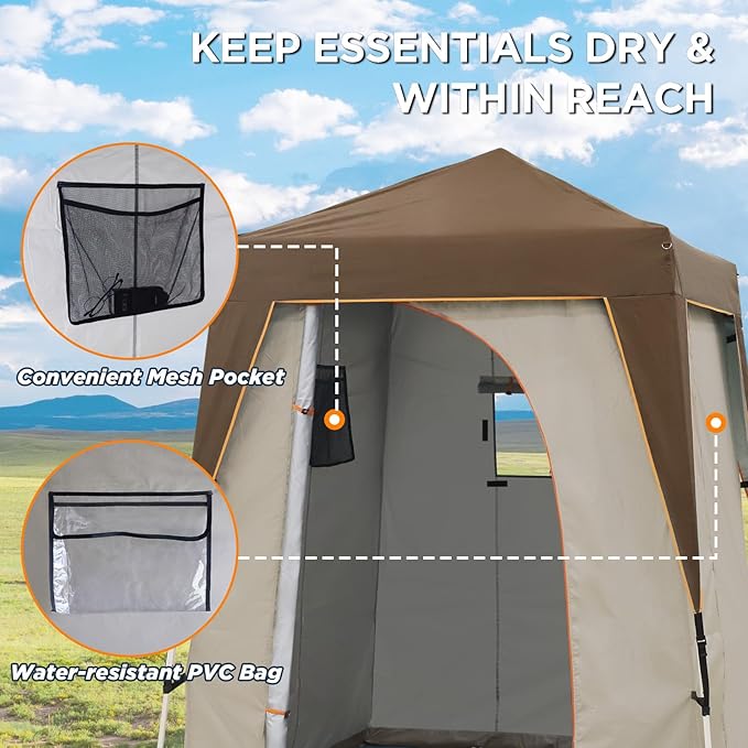 EAGLE PEAK 5x5 Pop Up Privacy Tent with Ground Mat, Portable Changing Room & Outdoor Shower Tent, Portable Canopy for Camping, Pool, Photoshoots or Toilet Shelters 6x6 Base 5x5 Top (Gray/Brown)