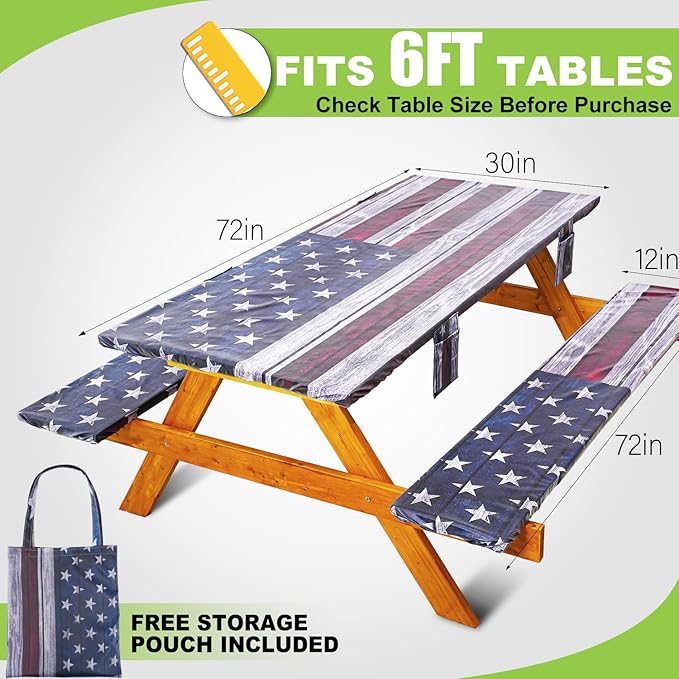 Fitted Picnic Table Cover with Bench Covers Waterproof Elastic Edges Rectangle Patio Tablecloth Outdoor Camping Essentials Stuff Rv Accessories Summer Trip Travel Supplies Party Camper Gifts, 6 ft