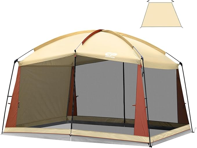 CAMPROS CP Screen House Room with 1 Pc Removal Wind/Sun Panel Canopy Tent Camping Tent Screen Shelter Gazebos for Patios Outdoor Camping Activities, 12'X10'X90in(H) - Beige