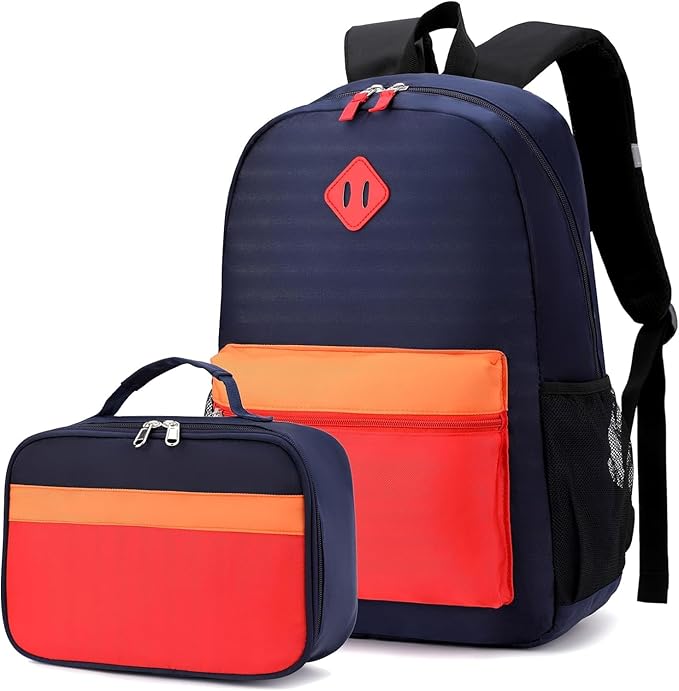 Kids Backpack Lunch Box Set Elementary School Backpacks 5-9 Years for Boys and Girls with Chest Buckle (Set Navy Red, Large-17 H)