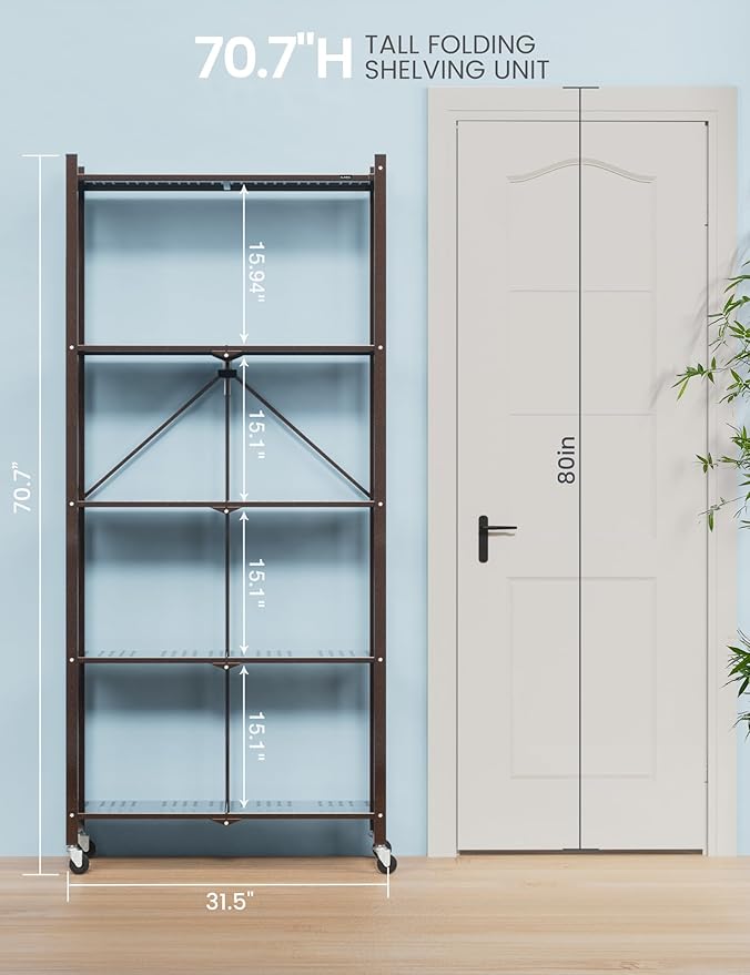 ALANNG 70.7" H Metal Storage Shelves, 5 Tier Folding Shelf on Wheels, Heavy Duty, No Assembly, Rolling, Collapsible Rack Unit for Kitchen, Basement, Pantry (Vintage Brown,1 Pack)