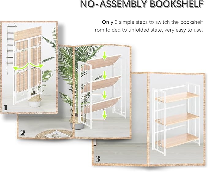 4NM No Assembly 3 Tiers Folding Bookshelf, 35" H Foldable Storage Shelves Vintage Bookcase Standing Racks Study Organizer Home Office - Natural White