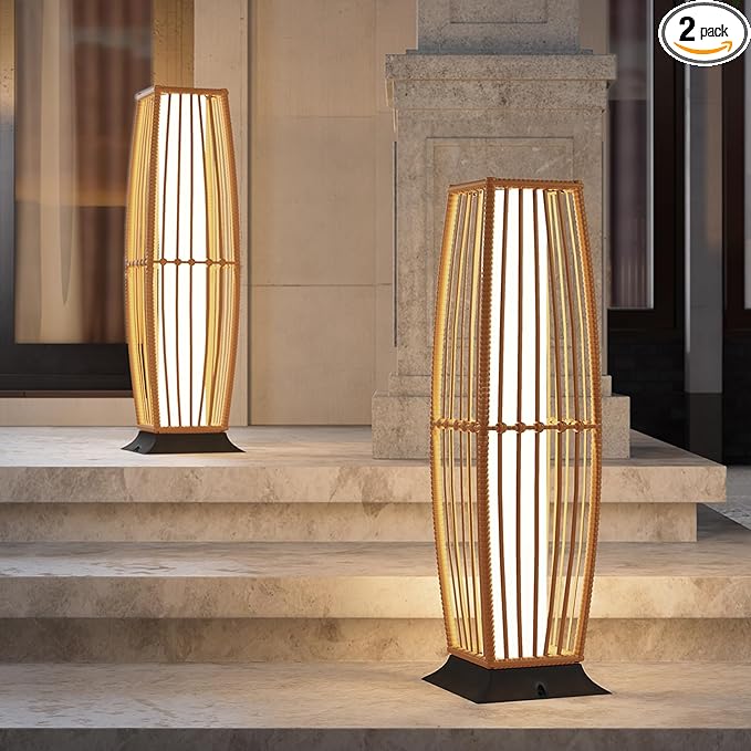 Grand patio 2-Piece Outdoor Floor Lamp Solar Powered Lantern Waterproof Wicker Boho Deck Lights for Garden Porch Decor, Large Taurus
