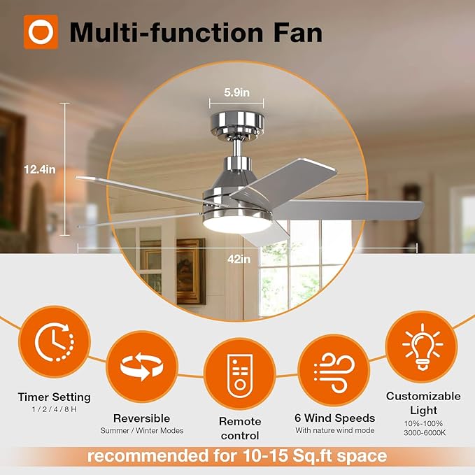 addlon Ceiling Fans with Lights, 42 inch Nickel Ceiling Fan with Light and Remote Control, Reversible, 3CCT, Dimmable, Noiseless, Small Ceiling Fan for Bedroom, Farmhouse, Indoor/Outdoor Use