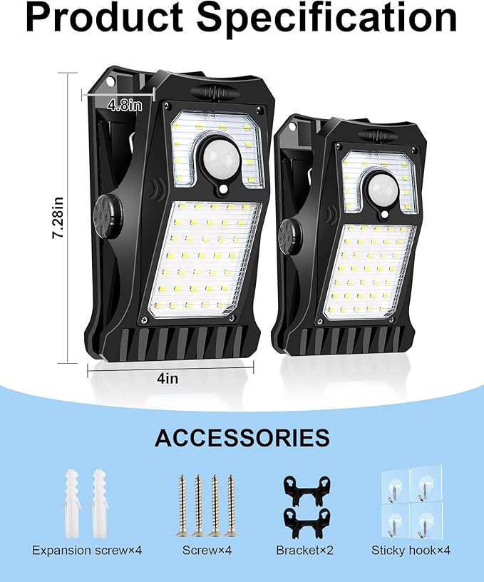 45Leds Solar Motion Sensor Lights Outdoor, Clip on Solar Lights Outdoor Waterproof, High Bright Solar Powered Security Lights for Outside Fence Chain Link Camping (2, 45 LED)