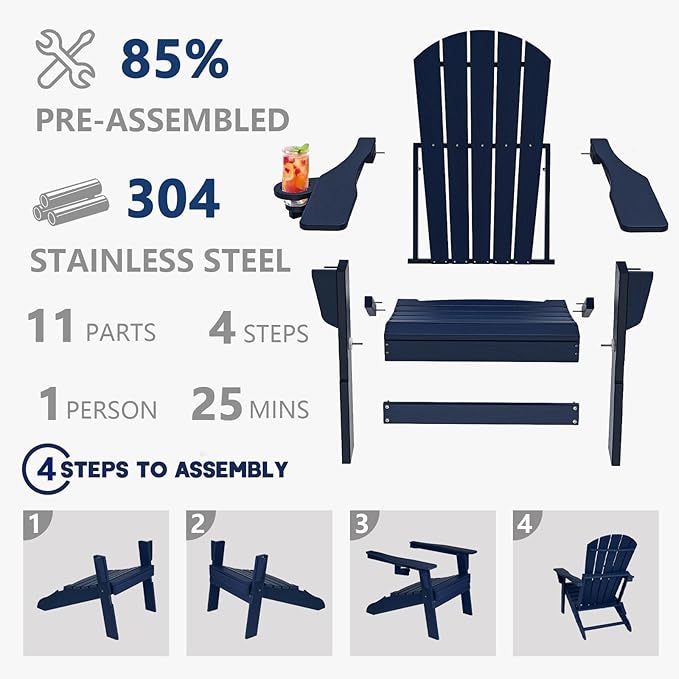 Folding Adirondack Chair, SGS Tested, Wooden Textured with Cup Holder, Heavy All-Weather HDPE Comfortable Set Poolside Backyard Lawn Navy Blue Set 4
