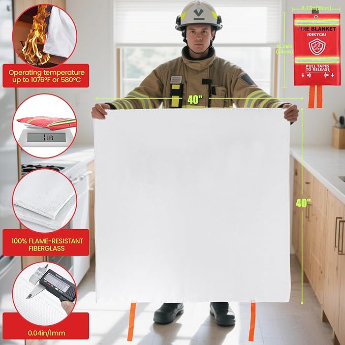 Emergency Fire Blanket Fire Suppression Blanket for Kitchen Fiberglass Fire Blanket Fireproof Blanket Grill Home School Fireplace Car Office Warehouse House Camping Metal Hook Whistle 40"x40" 1 Pack