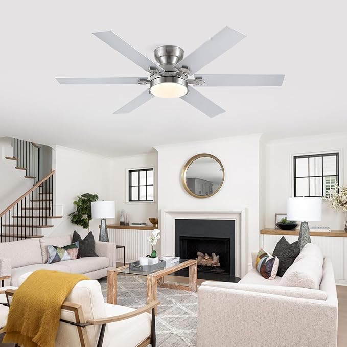 52" Low Profile Ceiling Fans with Lights and Remote, Modern Indoor Ceiling Fans with 3 Colors 6 Speeds, Flush Mount Fan Light Indoor & Outdoor, Reversible DC Motor,Sand Nickel