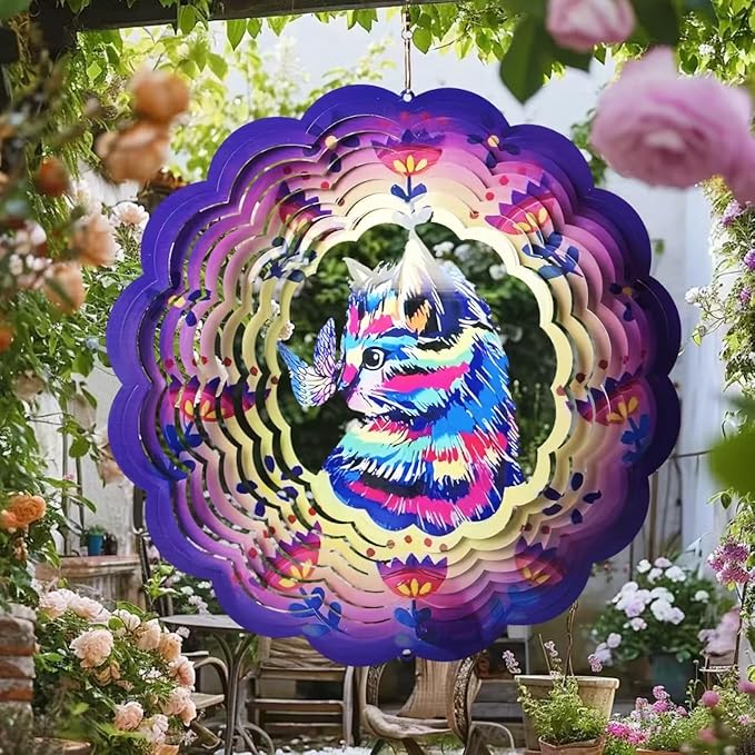 BeePeep Wind Spinner Outdoor 12in Cat Gift for Women Men Metal Wind Spinners Hanging 3D Kinetic Wind Sculpture Lawn Garden Yard Art Ornament for Indoor & Outside Decorations