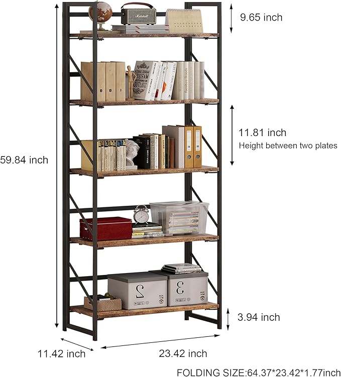 JSB No Assembly Folding Bookshelf, 5 Tier Industrial Metal Book Shelf for Storage, Vintage Wood Foldable Bookcase for Living Room, Bedroom, Office Organization Shelves