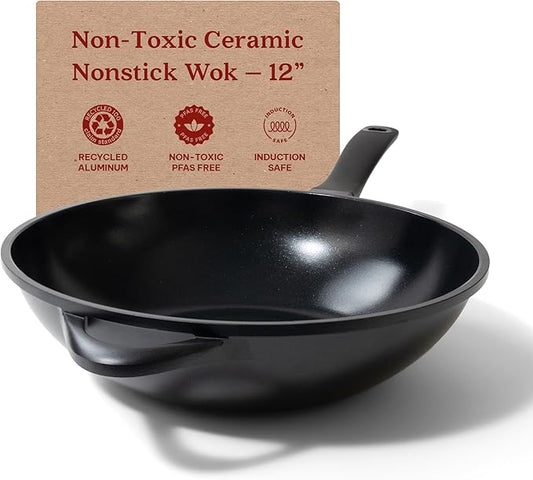 Alva Energy 12" Ceramic Nonstick Wok – PFAS-Free, Non-Toxic Cookware – Fast, Even-Heating Recycled Aluminum with Stay-Cool Handle – Induction Ready & Easy to Clean