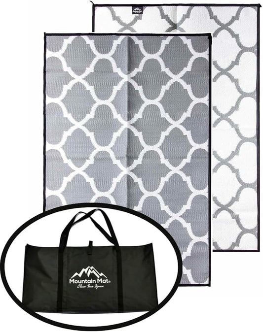 5x7 Gray Lattice RV Patio Mat w Carry Bag – Extra Thick 5mm Recycled Poly Rug – Waterproof, Reversible, Heavy-Duty – Premium Outdoor Mat Camping (Gray Lattice with Carry Bag, 5'x7')